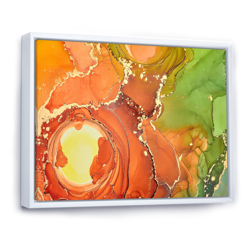 «Brown and Green Luxury Abstract Fluid Art», peinture sur toile, H 16 po x l 32 po, Cadre flottant blanc