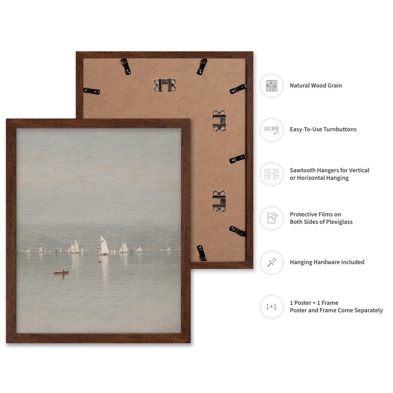 Voilier à distance, Poster, 11"H x 14"W, Brown Framed