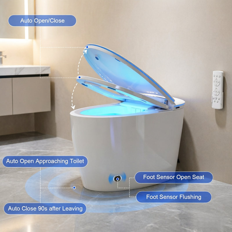 Smart Bidet Toilet With Auto Open/Close Lid, Auto Flush, Heated Seat, Foam Shield, Warm Wash & Dryer, Foot Sensor, Remote Control, LED Display & Night Light For Ultimate Bathroom Comfort