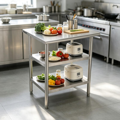 Stainless Steel Curved Edge Work Table 36 Inch Double Layer, Heavy Duty Commercial Prep Table with Hook, 0.7mm Thick