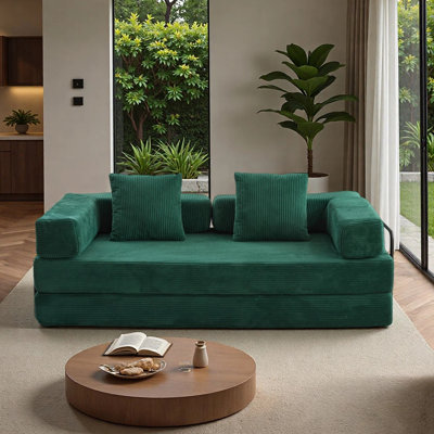 76" Corduroy Upholstered Folding Floor Sleeper Sofa Bed With 2 Pillows