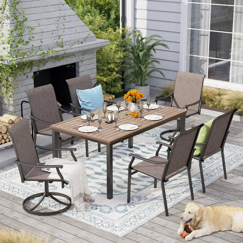 6-Person Rectangle Outdoor Patio Dining Set Wood-Like Metal Table With Swivel Chairs