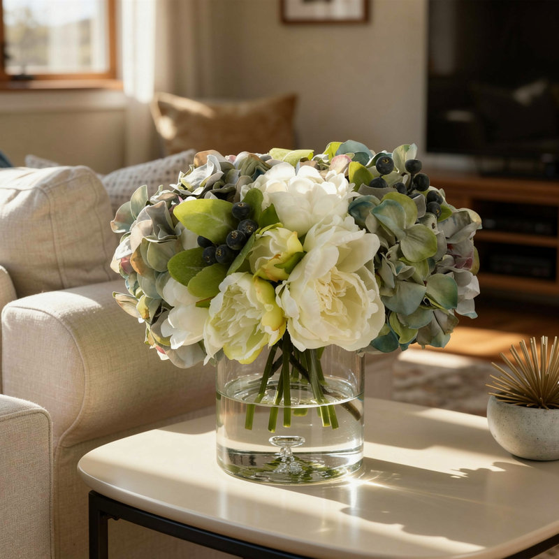Arrangement floral Ferrer avec hortensias, pivoines et baies Ferrer