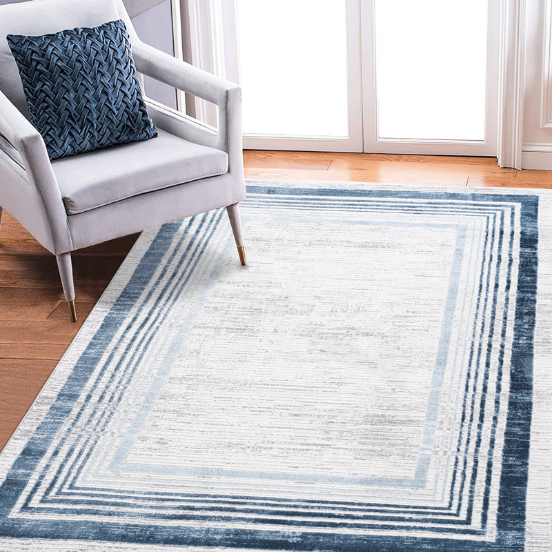 6X9 Area Rug With Blue//Border - Stain , Soft For Bedroom, Living Room, Dining Room Pet-, Non-Shedding Home Office