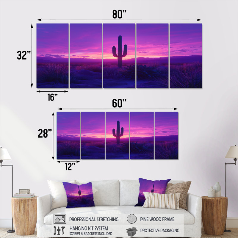 Lavande cactus au crépuscule I - Art mural floral cactus - Art mural traditionnel pour le salon, H 28 po x l 60 po
