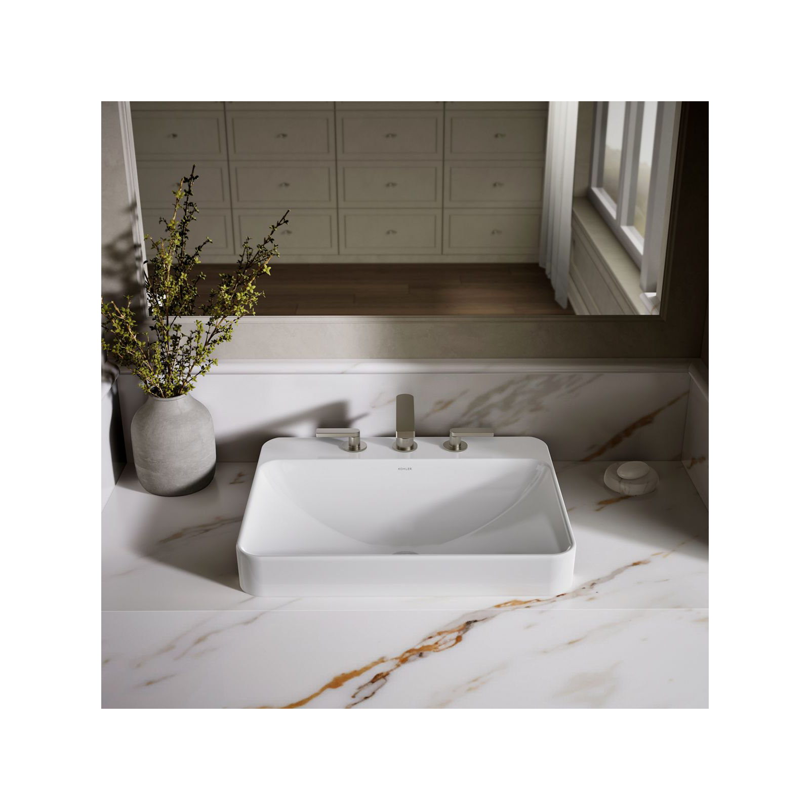 Vox Vitreous China Rectangular Vessel Bathroom Sink with Overflow, White, 3