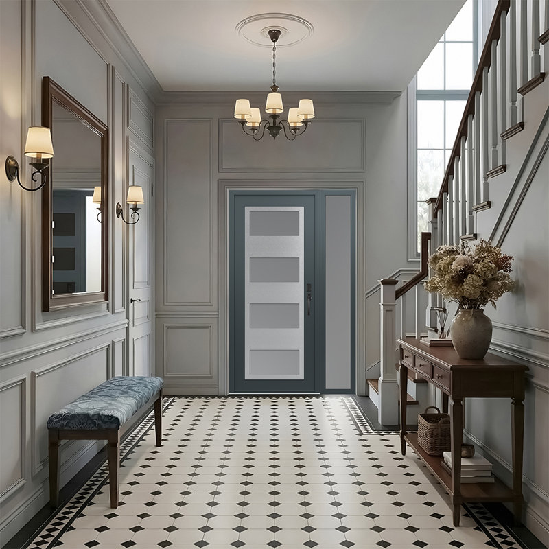 Porte d'entrée avant pré-suspendue à panneaux latéraux en acier argenté anthracite / anthracite avec panneau latéral, Gelé