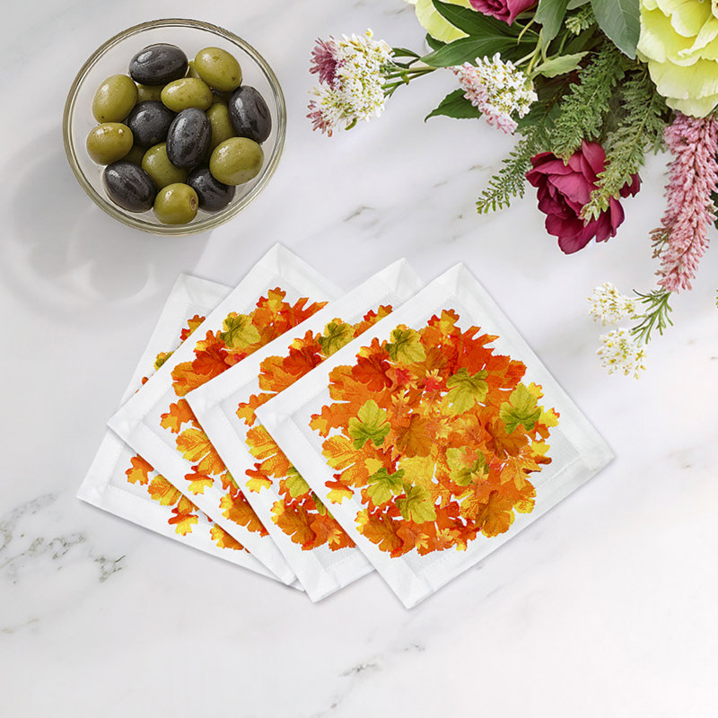 Fallen Leaves Cotton Sateen Cocktail Napkins, White