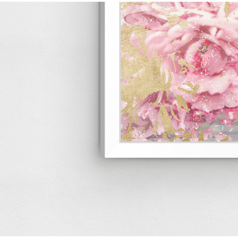 Floral et fleurs de camélias roses et dorées - impression, H 38 po x l 56 po, Papier encadré blanc