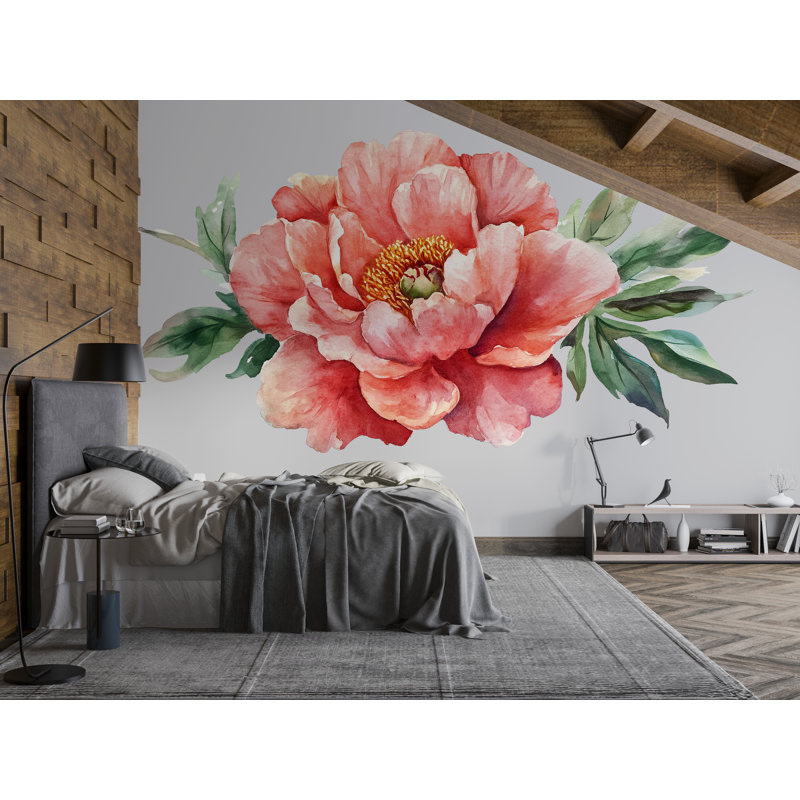 Adhésif décoratif grande pivoine - aquarelle corail murale au-dessus du lit, art mural floral chambre Boho 069Mv