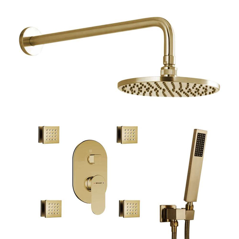 Ensemble de douche Bravat or brossé avec robinet mélangeur à 3 voies mural