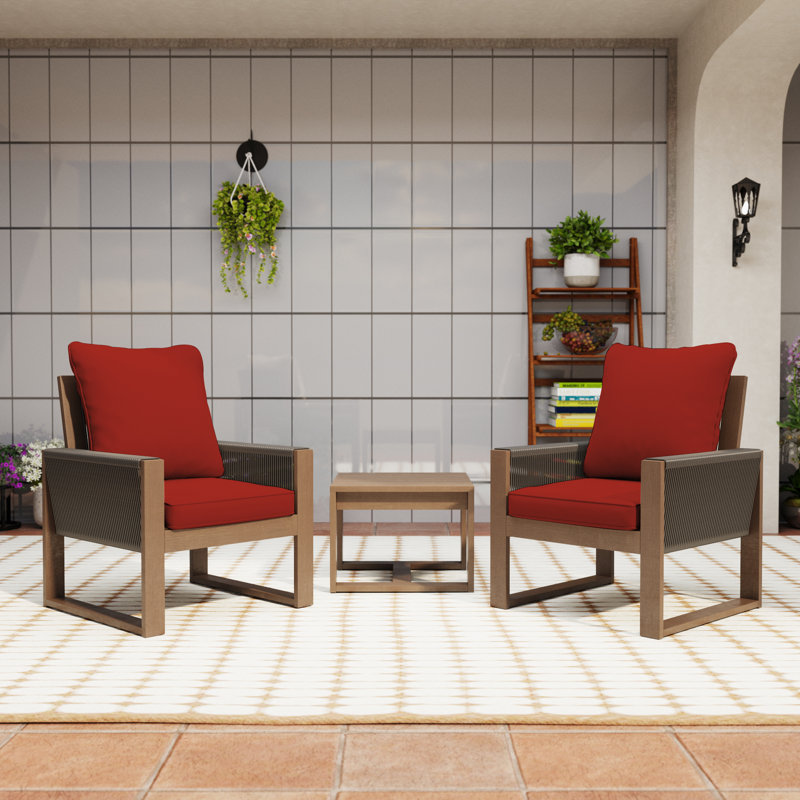 3-Piece Wooden Outdoor Seating Set of 2 with Cushions –2 Comfortable Patio Chairs & Side Table, Red