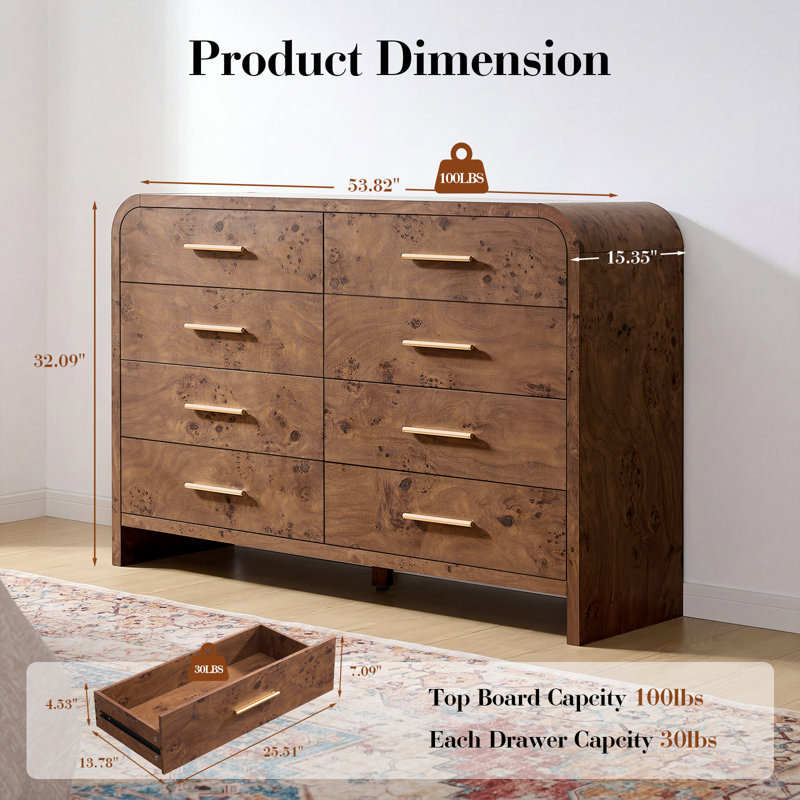 54" Wide 8-Drawer Storage Chest Large Capacity Wooden Dresser, Dark Brown Burl