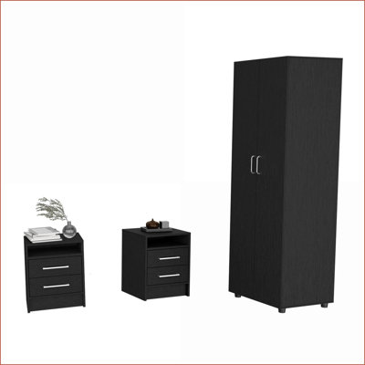 Ensemble de chambre à coucher 3 pièces: armoire + 2 tables de chevet | Noir | Panneau de particules | Bachelor Commodes
