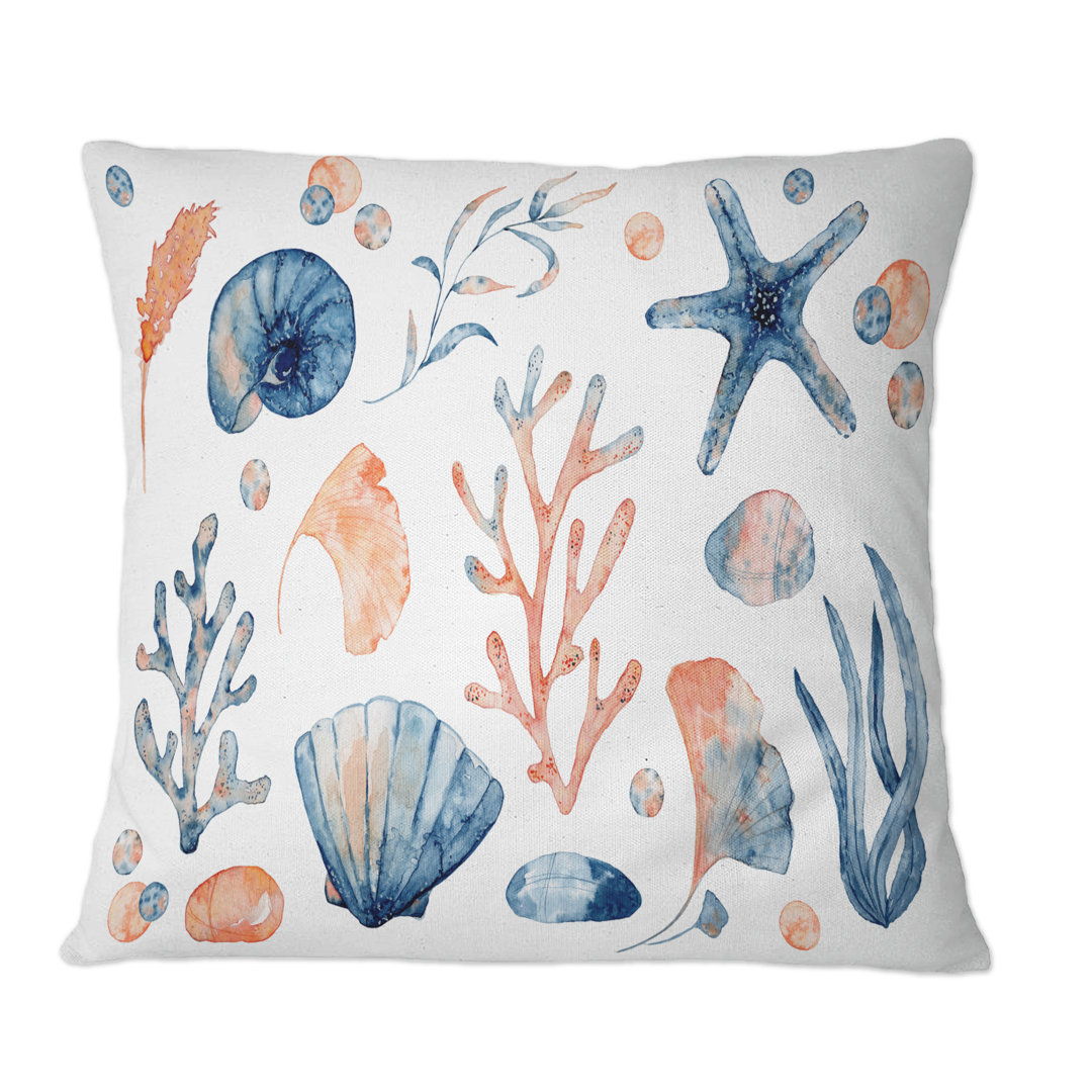 Blue And Pink Seashells On White - Nautical & Coastal Printed Throw Pillow Design Art 