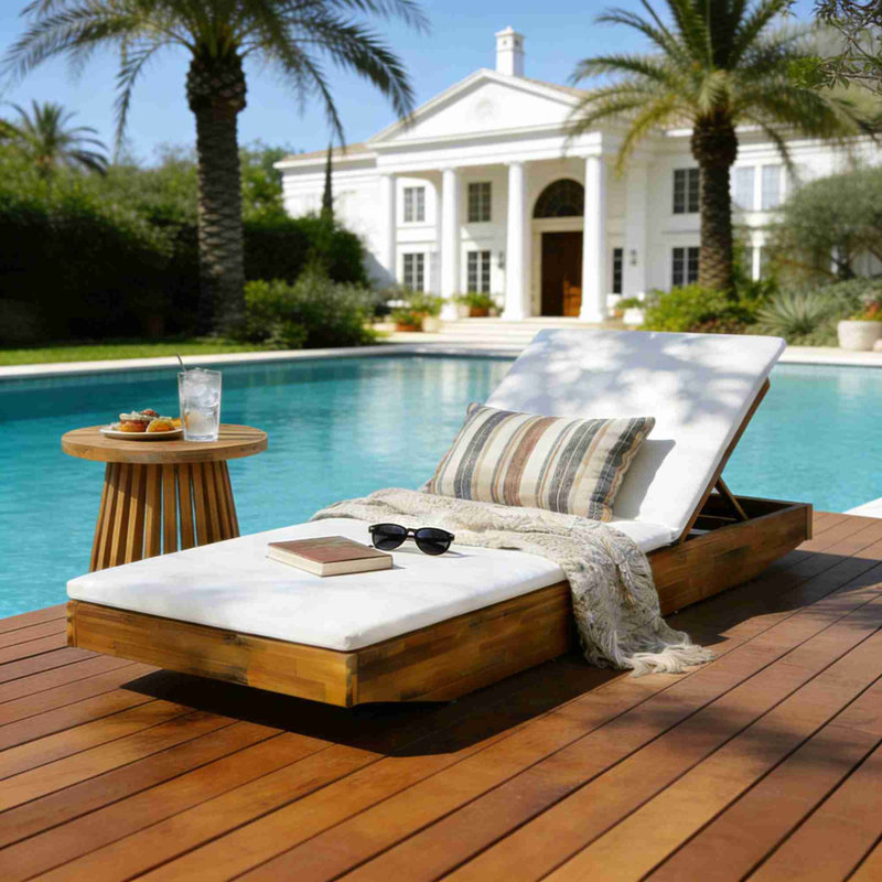 Chaise longue d'extérieur en bois d'acacia massif, Crème