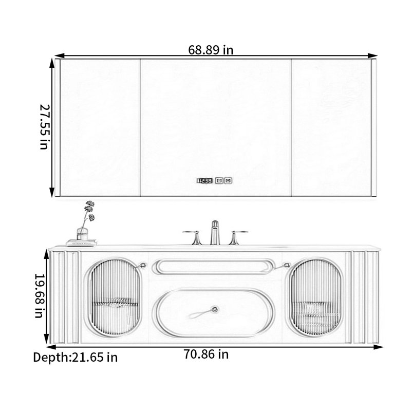 French cream-style smart bathroom cabinet, 19.68" H x 70.86" W x 21.65" D