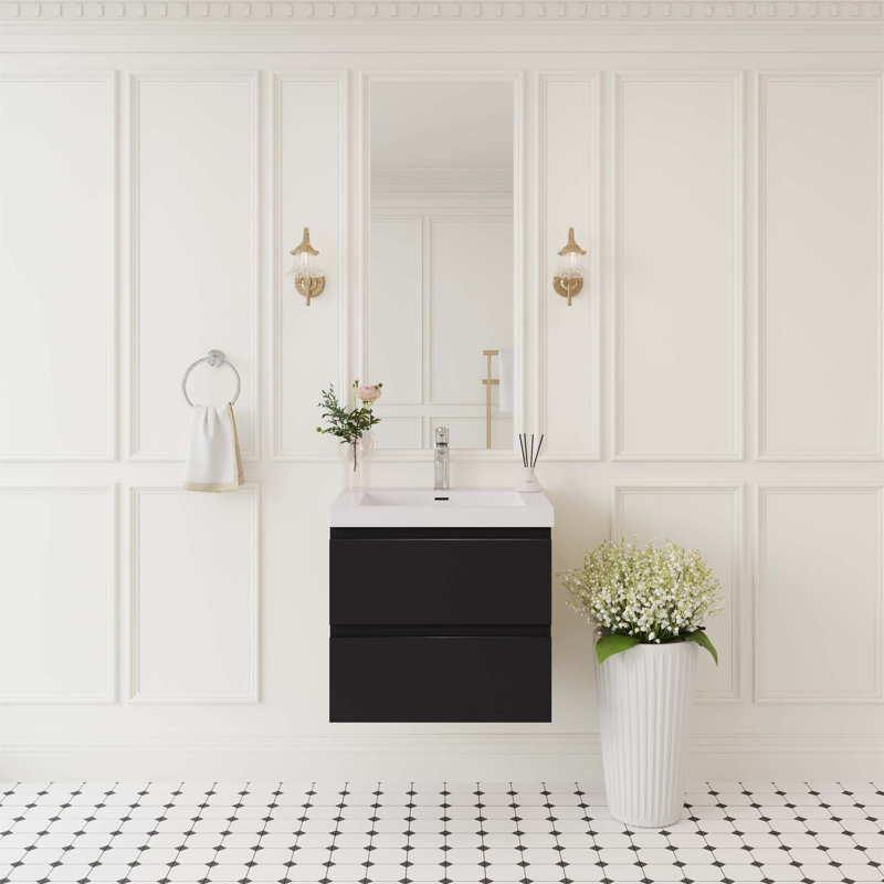 Meuble-lavabo flottant moderne de 24 po avec lavabo en résine et tiroirs à fermeture en douceur, finition brillante pour un rangement élégant