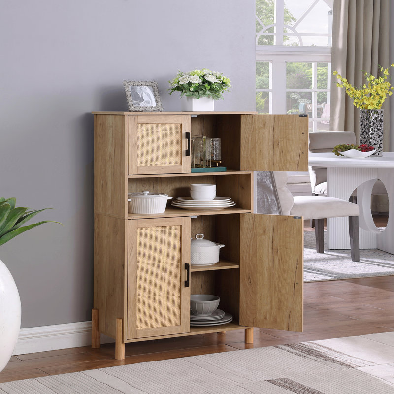 Armoire de rangement, style Mid-Century moderne, rotin, tablettes réglables, 4 portes avec portes
