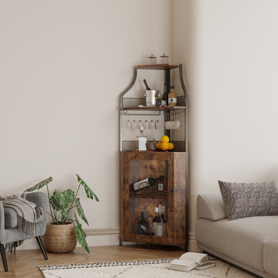 Corner Wine Cabinet with Wine Rack & Glass Holder - 5 Tier Modern Industrial Bar Cabinet for Kitchen, Living Room & Dining Room, Brown by Latitude Run