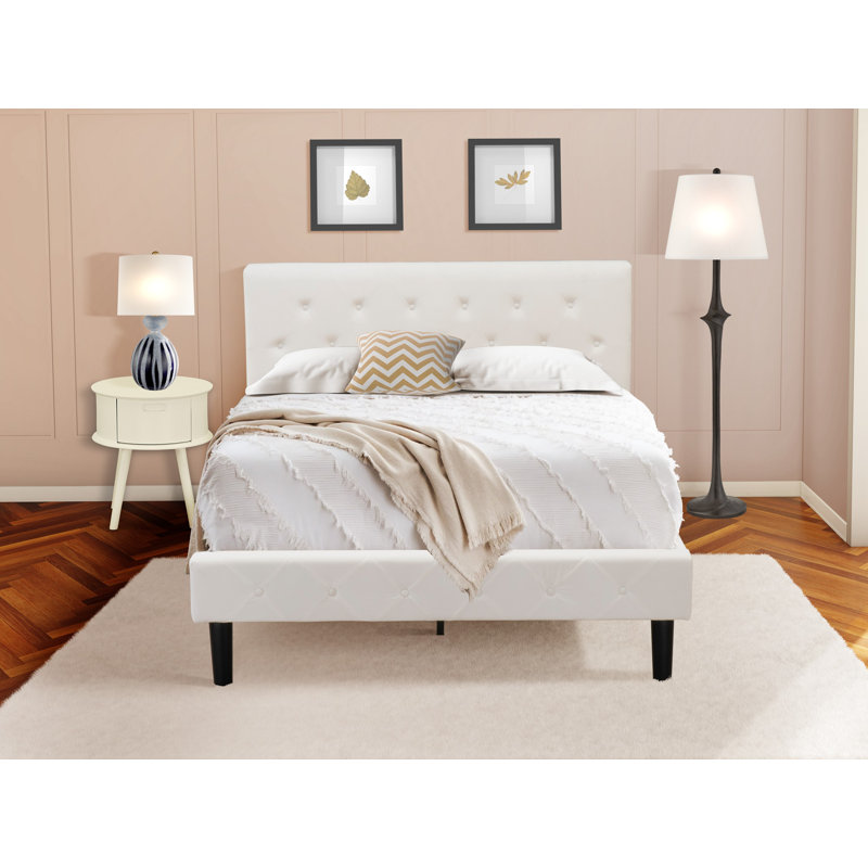 Ensemble de lit grand 2 pièces - Base de lit capitonnée - Tête de lit tapissier en tissu de velours blanc lin et table de chevet au fini lin blanc