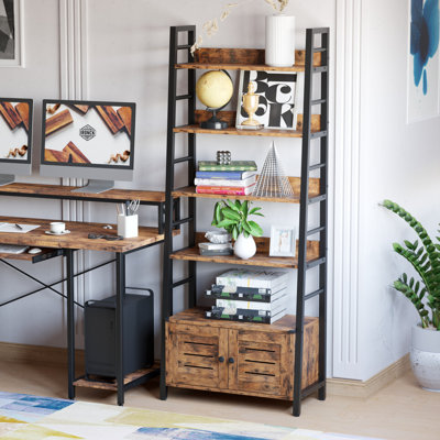 Kyesha Bookshelf With Louvered Doors, Ladder Shelf With Cabinet Industrial Accent Furniture For Bedroom Living Room Home Office, Rustic Brown