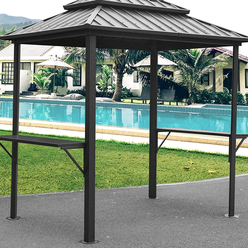 Pavillon de jardin grillagé 8 pi 6 po, structure en métal avec double toit et tablettes, pour terrasse arrière de jardin gris 8 pi 6 pi - et tablettes pratiques