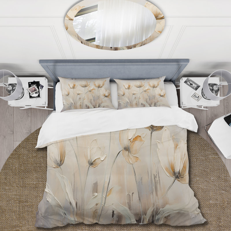 Ensemble de housse de couette Beige embelli Tulipes Symphony I - Tulips, Housse de couette simple et deux taies décorative