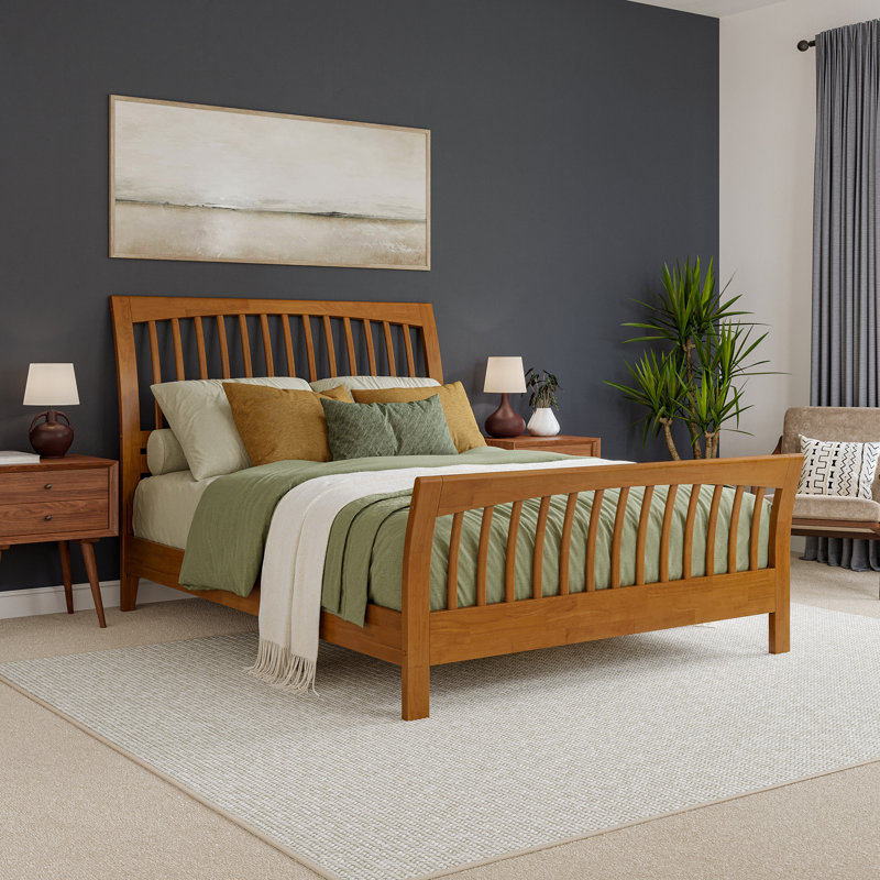 Lit plateforme en bois massif avec pied de lit assorti Orleans, Caramel clair, Grand