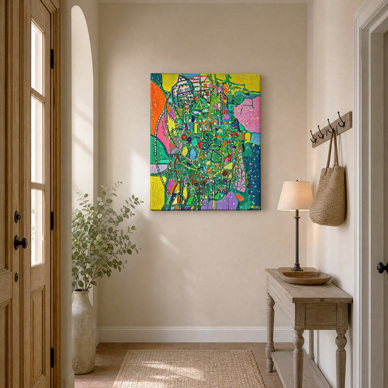 «Green Mosaic», art mural sur toile abstraite, H 14 po x l 11 po, Toile tendue avec châssis
