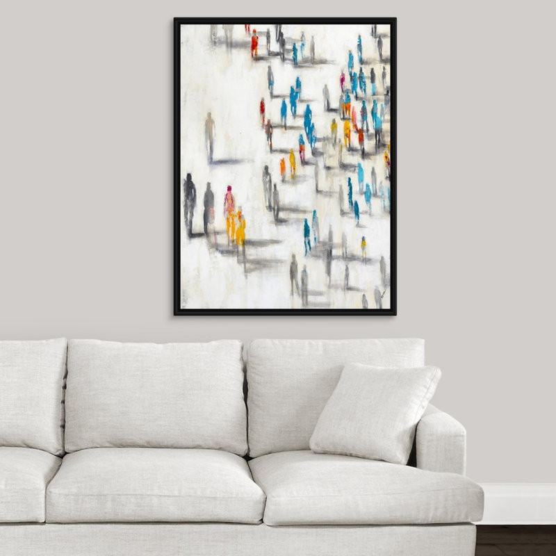 «Past and Présent City», peinture sur toile, H 41,7 po x l 31,7 po x p 1,75 po, Cadre flottant noir