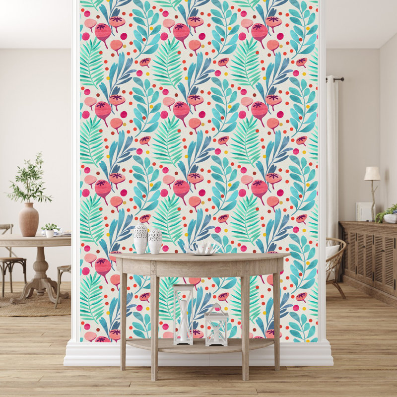 Papier peint rose musquée et feuilles, L 25 po x L 125 po