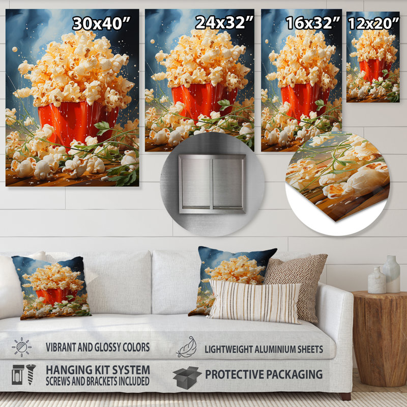 Carnival Kernels Bright Pop Corn Fiesta I - Art mural en métal Popcorn, H 20 po x l 12 po x P 1 po