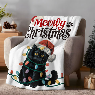 Plaid pour canapé, motif chat de Noël avec chapeau, couverture en flanelle douce et chaude 127 x 102 cm, jeté léger en polaire style ferme pour canapé, chambre ou bureau, utilisable en toutes saisons. De plus, un sac fourre-tout en toile avec chat et chapeau de Noël vous est offert.
