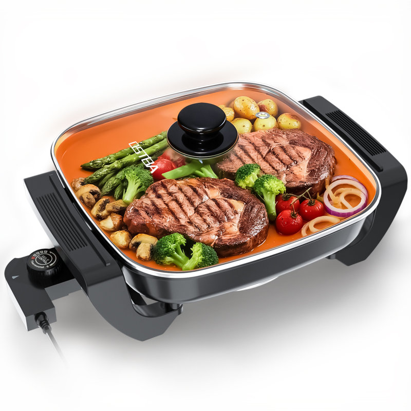 12"x12" Electric Skillet with Glass Lid, 1500W Copper Non‑stick Pan, PTFE & PFOA Free