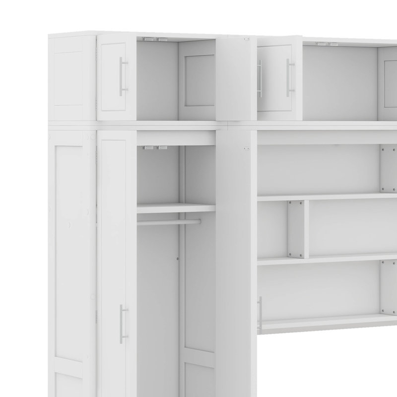 Grand lit escamotable mural avec armoire supérieure, tablettes et garde-robe, Blanc