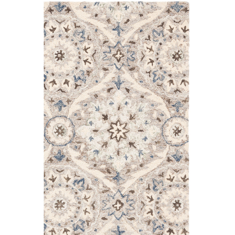 Tapis damassé en laine / coton touffeté à la main en gris / beige, Carré 5 pi