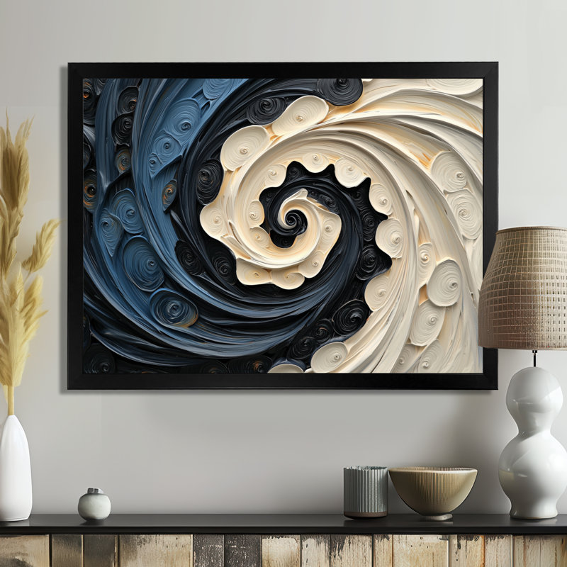 Abstrait vortex cosmique noir et blanc I - Collages abstraits, art mural, H 30 po x l 40 po, Cadre simple, Noir
