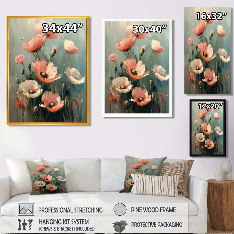 Rose, gris, coquelicots, fleurs, nature morte, charme II - coquelicots, art mural, salon, H 44 po x l 34 po x P 1,5 po