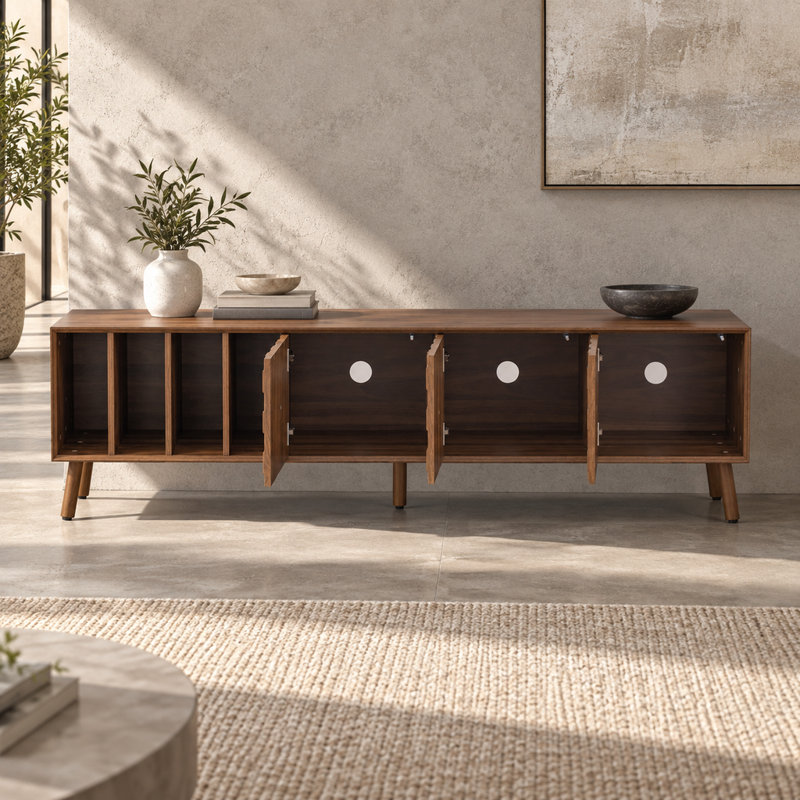 Console multimédia en noyer de 175 cm (68,94 pouces) avec 3 armoires et 4 tablettes ouvertes pour le salon