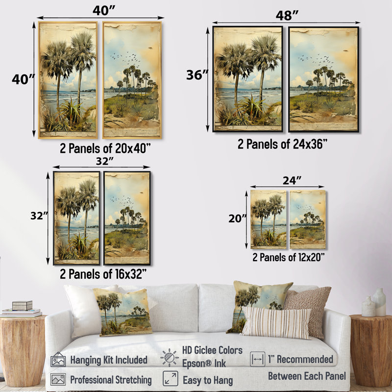 Collage rétro de Floride, palmiers et plage IV - art mural grand Floride, H 36 po x l 48 po, Brun