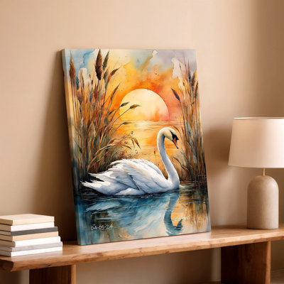 Reproduction d'art sur toile Swan Sunset Lake aquarelle Nature oiseaux roseaux Home Decor, salon botanique chambre à coucher couloir, décoration murale surréel moderne pour appartement loft entrée Home Style