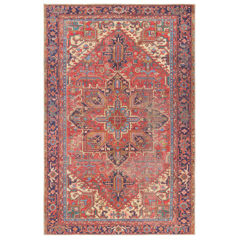 Tapis rouge / bleu tissé à la machine Damondre, Rectangle 8 pi x 10 pi