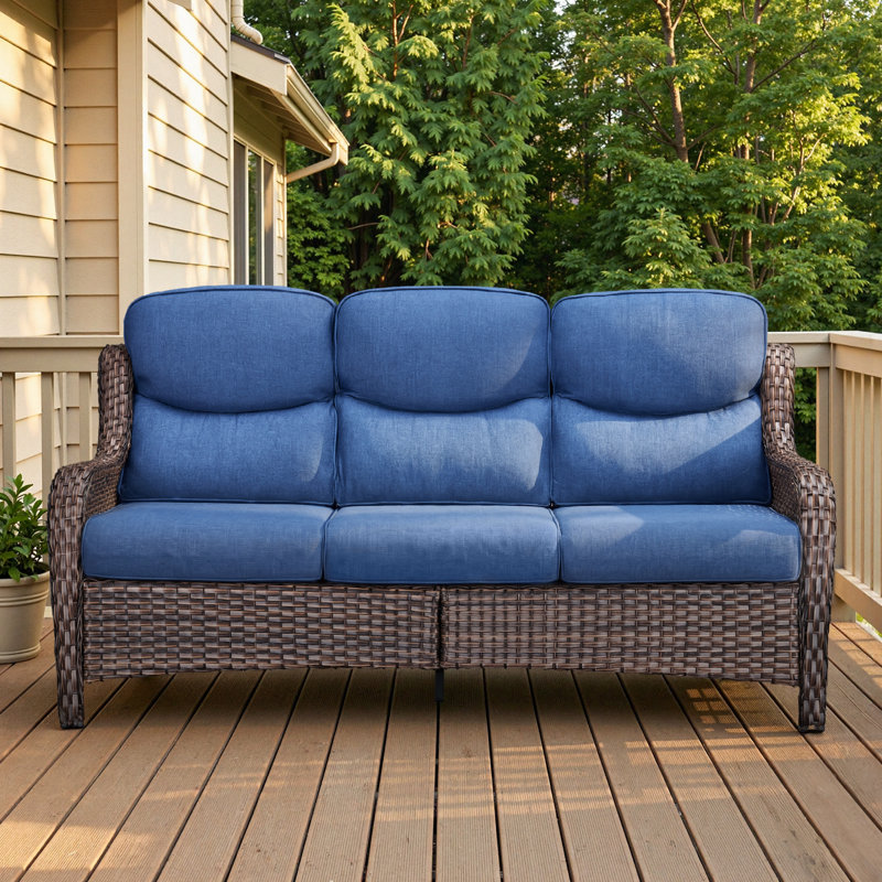 71" Outdoor Wicker Rattan Patio Sofa With 5" Thick Cushions, Blue, Brown