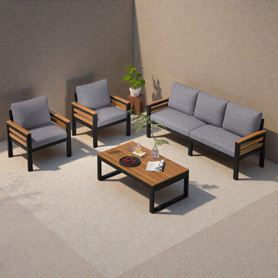 Ensemble de canapé d'extérieur 4 pièces pour 5 personnes avec accoudoirs en bois d'acacia, ensemble de conversation pour patio avec coussin amovible