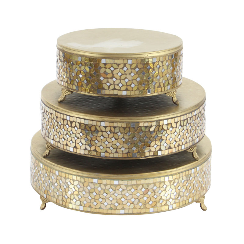 Gold Mosaic Patterned Glass and Metal Cake Stand Set of 3