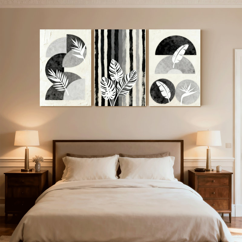 Ensemble de 3 reproductions d'art contemporain sur toile à motif abstrait de feuilles et de rayures Boho, H 18 po x l 36 po