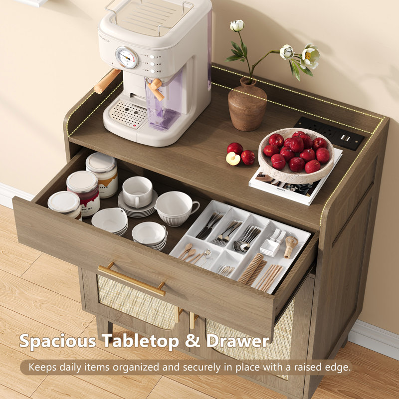 Rattan Buffet Cabinet With Charging Station, Drawer & Adjustable Shelf, Brown