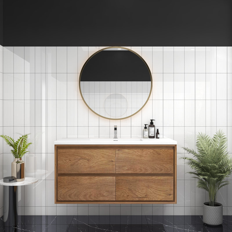 Ensemble de meuble-lavabo simple mural 48 po Azden, Teck chêne