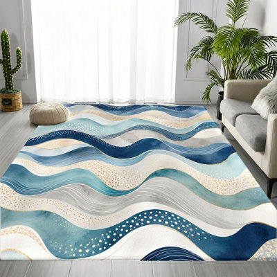 Tapis abstrait à vagues abstraites, motif de lignes ondulées bleues et dorées, tapis antidérapant, décoration intérieure artistique pour le salon, la chambre à coucher, le vestibule, la cuisine